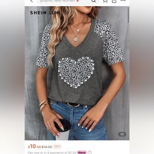 SHEIN Gray Leopard Heart Short Sleeve Top